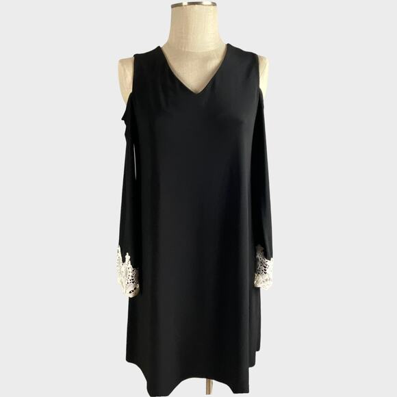 C Est 1946 Cold Shoulder Black Dress Small White Lace Cuffs - Picture 2 of 10